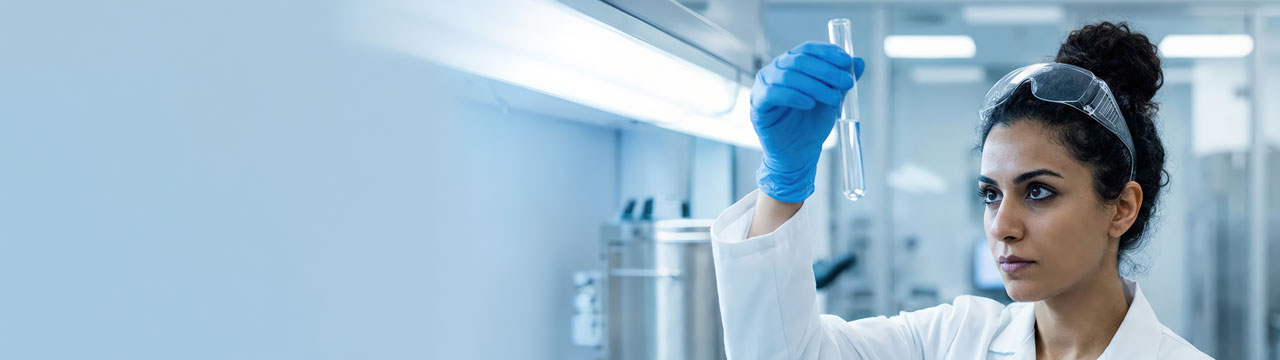 Mujer con bata blanca y guantes azules sostiene un tubo de ensayo en un laboratorio